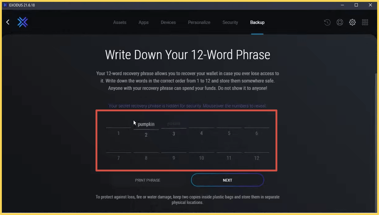 Exodus Wallet мнемоническая фраза