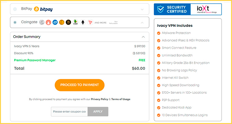 Оплата IvacyVPN криптой